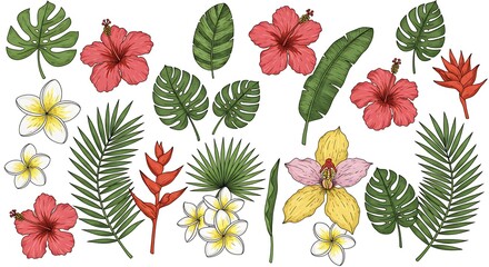 Tropical flowers and leaves