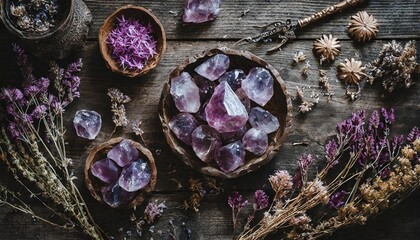Large amethyst crystals on a dark and old wooden table with lots of herbs and dry flowers