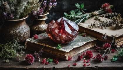 Large garnet crystal on a dark and old wooden table with lots of green herbs
