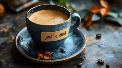 Aesthetic coffee cup with 'just be kind' for a positive morning vibe.