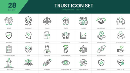  Trust best solid icon set collection. Reliance, responsibility, reliable, credibility, friends, ethics, assurance, belief, confidence, faith, handshake and vector illustration.
