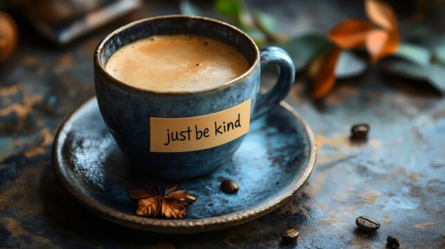 Aesthetic coffee cup with 'just be kind' for a positive morning vibe.