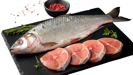 fresh whole rohu fish with raw steaks - healthy seafood isolated on transparent background