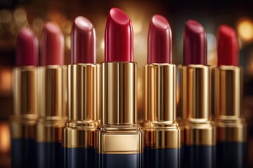 Lipsticks with golden and blue tubes standing in a row