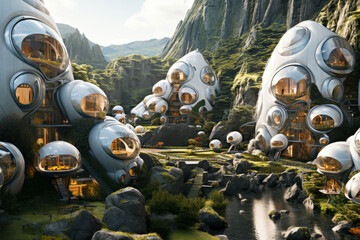 Eco-friendly futuristic hive city. sustainable energy plaza with beehive form