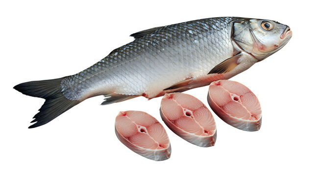 fresh whole rohu fish with raw steaks - healthy seafood isolated on transparent background