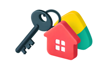 3D Illustration of House Key and Real Estate Icons Representing Property Ownership