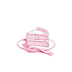 Slice of wedding cake on a plate with a fork, illustrated in a charming hand-drawn style