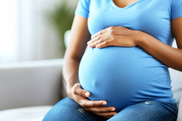 Close up of expecting mother s hands gently cradling her baby bump with soft blur