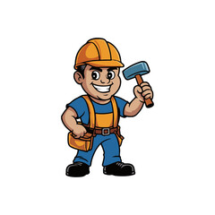 Obraz premium Cartoon Construction Boy with Helmet and Hammer