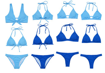 collection of blue bikini tops and bottoms - women's swimwear isolated on transparent background