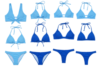 collection of blue bikini tops and bottoms - women's swimwear isolated on transparent background