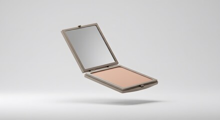 Elegant Compact Powder Makeup Product Photography: Studio Shot of Beige Powder in a Sleek Metal Case