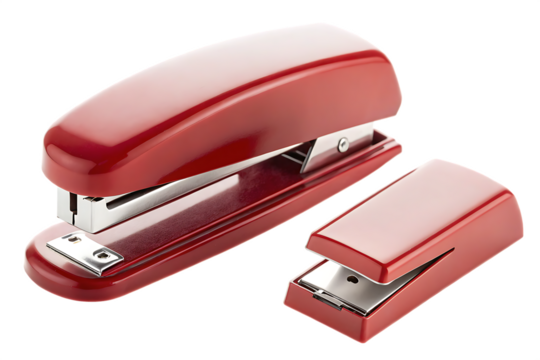 Red staplers set office supplies isolated on a white background png ai generated
