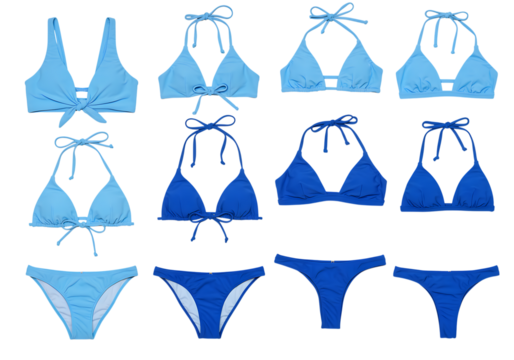 collection of blue bikini tops and bottoms - women's swimwear isolated on transparent background - Powered by Adobe