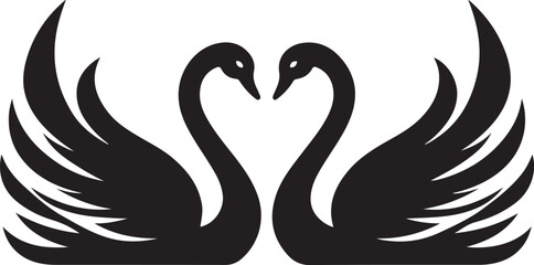 Obraz premium Two black swans facing each other with their wings spread out forming a heart shape, creating a romantic and elegant design, ideal for various purposes.