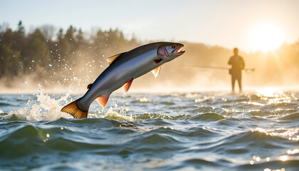 Obraz premium Jumping trout fish in the river with fisherman at sunset 