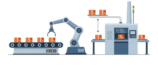 Obraz premium Industrial automation system with robotic arm and conveyor belt moving boxes into machine. Manufacturing process and smart industry concept.