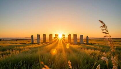 Fototapeta premium Ancient stone circle at sunrise surrounded by fields and grasses 