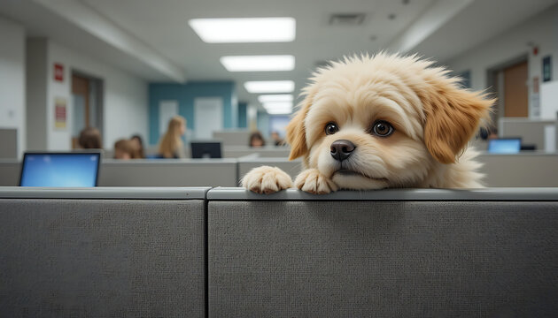 A fluffy dog peeking over a cubicle wall looking curiously at the office activity around it. Adorable and candid. Take Your Dog to Work Day - Powered by Adobe