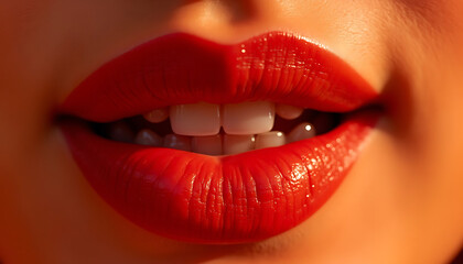 Obraz premium Close-up of woman's lips with red lipstick and natural smile 