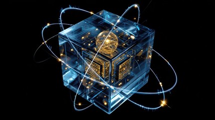 A futuristic transparent cube with glowing golden core and orbiting blue energy rings, representing advanced technology and quantum mechanics, futuristic