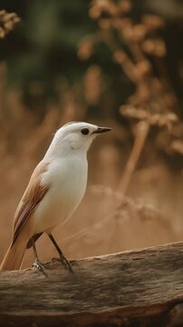 Delicate white Penduline tit bird perched on a weathered wooden branch, set against a backdrop of soft, diffused brown flora and foliage.