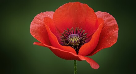 Close up of a vibrant red poppy flower with water drops on its petals. Detailed macro shot of a blooming poppy.