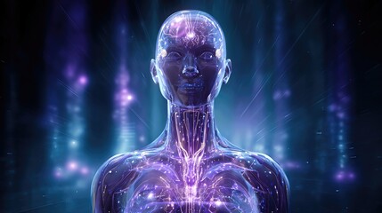 Glowing translucent humanoid figure with illuminated neural pathways in a dark digital environment futuristic