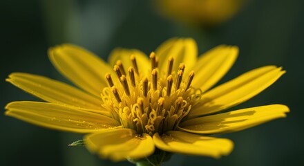 Obraz premium Close up view of a vibrant yellow flower with lush green background. Botanical beauty and nature concept. Floral design element.