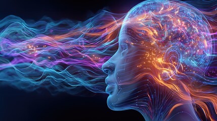 Fototapeta premium Futuristic digital human head with colorful neural data streams flowing around and through it