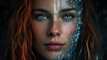 Close-up of a woman with red hair and blue eyes half human half cyborg face with glowing circuit patterns futuristic
