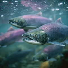 Close-up view of two salmon swimming underwater, their scales shimmering in the light. Other salmon are visible in the background.