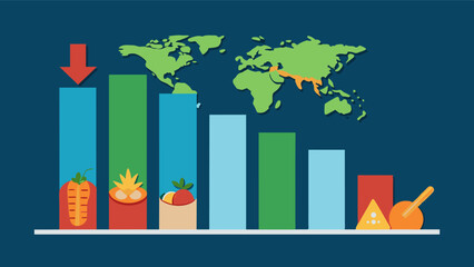 Fototapeta premium A bar graph with consistently decreasing bar heights showing the decline in food production in different regions of the world.. Vector illustration