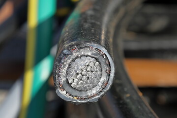 Electricity distribution cables. Core with aluminum. Cut in half. Close up.