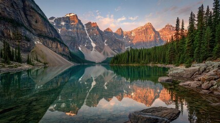 A High Resolution image of moraine Lake at sunrise, Banff National Park, Canada stock photo.