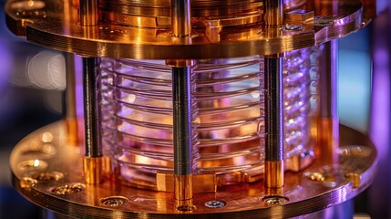 Close-up view of a copper quantum computer processor with intricate wiring and components in a futuristic lab setting