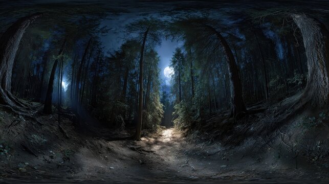 A High Resolution image of 360 degree, dark forest path illuminated by the moon, with ghostly apparitions floating. HDRI spherical panorama.