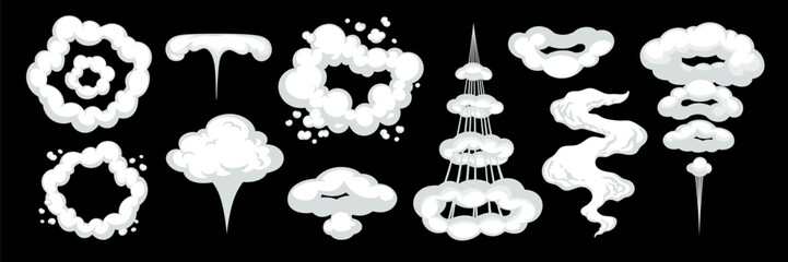 Cartoon smoke or cloud on black background. Vector Smoke rings and clouds in cartoon comic style. Great for action scenes, games, and animation