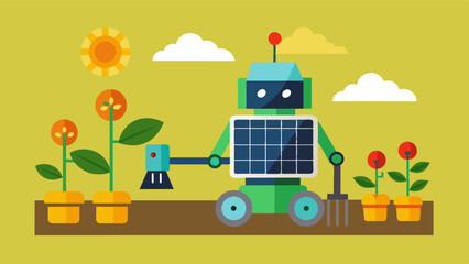 A solarpowered robot tilling the soil and planting seeds with precision reducing the need for human labor and improving seed placement accuracy.. Vector illustration