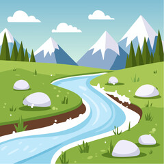 Obraz premium Spring Thaw in a Mountain Stream – Melting snow rushing over stones, fresh grass emerging. 