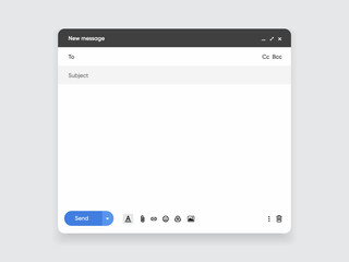 Message, mail template user interface. Blank window of email, template vector illustration. Email message window. Modern and flat style mail mockup screen. 