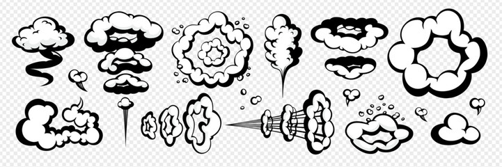 Cartoon cloud smoke effect with comic motion and boom trail, isolated on transparent background. Comic style vector explosion and vapor shapes. Great for stickers, games, posters, and comics