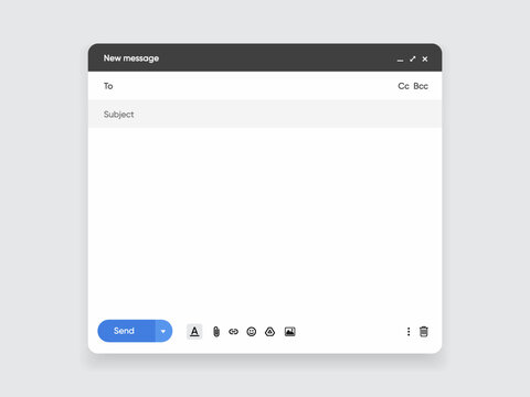 Message, mail template user interface. Blank window of email, template vector illustration. Email message window. Modern and flat style mail mockup screen. 