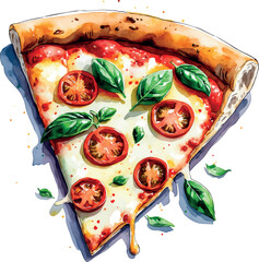 Italian pizza slice watercolor vector. Tasty food with melted cheese and artistic texture.