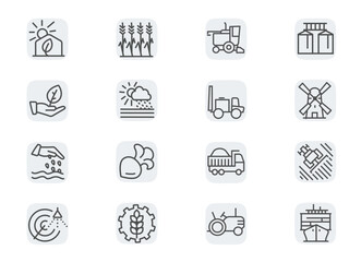 Agribusiness. Agriculture Farming and horticulture equipment. Concept editable stroke outline icons set isolated on white background flat vector illustration. Pixel perfect.
