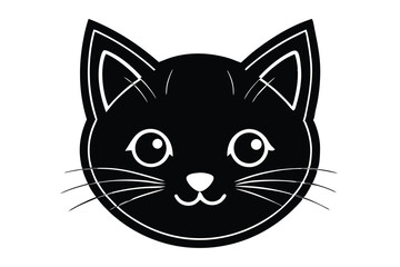 Cartoon Black Cat Face Outline with Whiskers, Triangle Ears, Round Eyes on White Background