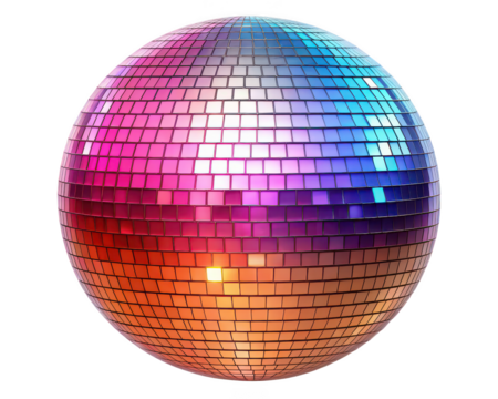 A vibrant disco ball, isolated on transparent background, shimmers with pink, purple, and blue hues