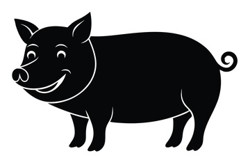 Fototapeta premium Cartoon Pig Illustration Smiling Black Pig Silhouette with Curly Tail and White Outline