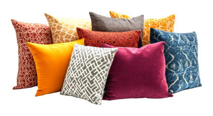 Decorative cushion arrangement cozy home indoor top view comfort aesthetic isolated on transparent background
